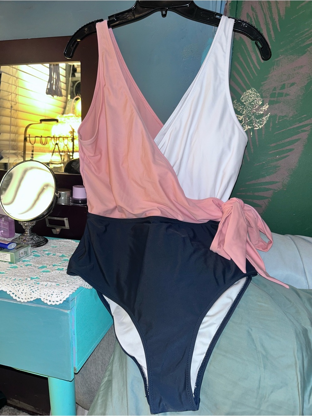 Shade & Shore Colorblock Wrap One-Piece Swimsuit - Pink White Navy